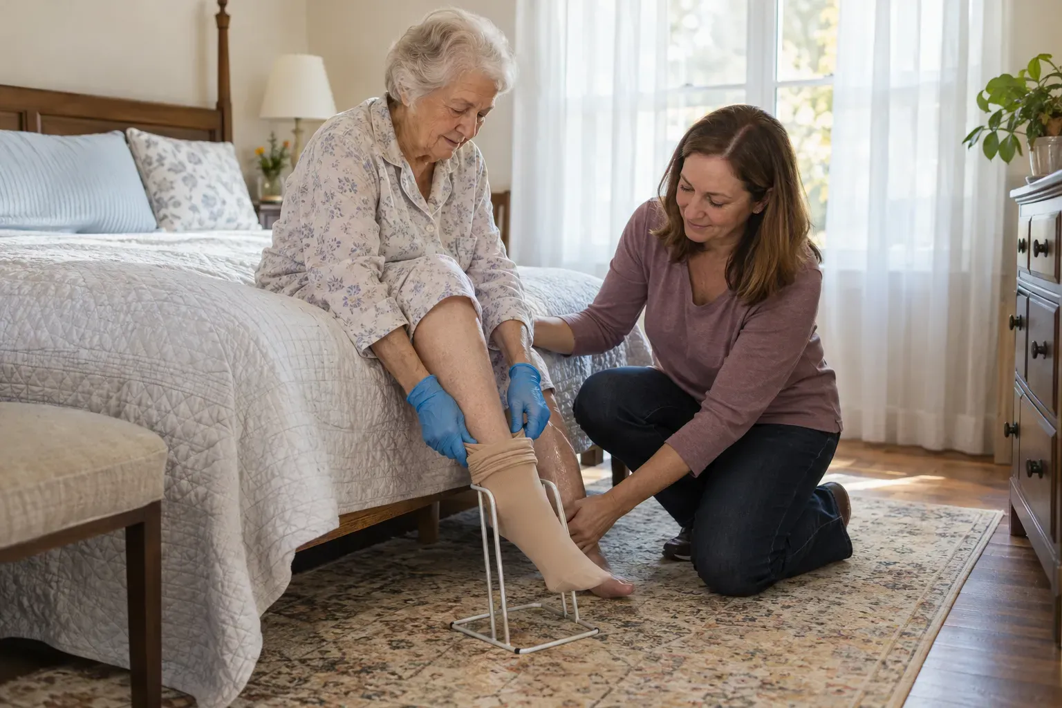 An older woman sitting on the edge of her bed using a frame stocking donner to put on a compression sock