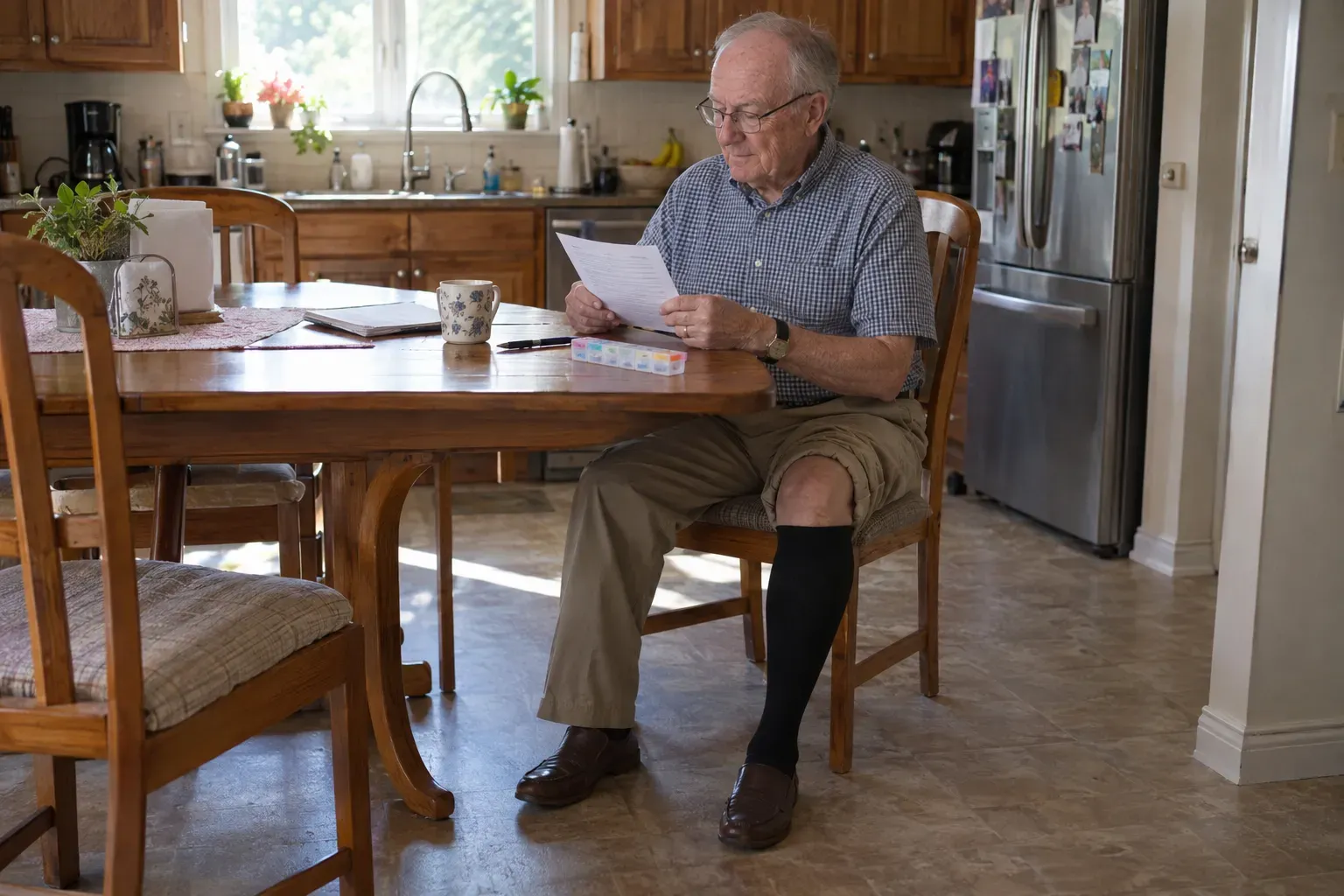 An older man sitting at a kitchen table with his doctor visit notes, one leg in a black knee-high compression sock