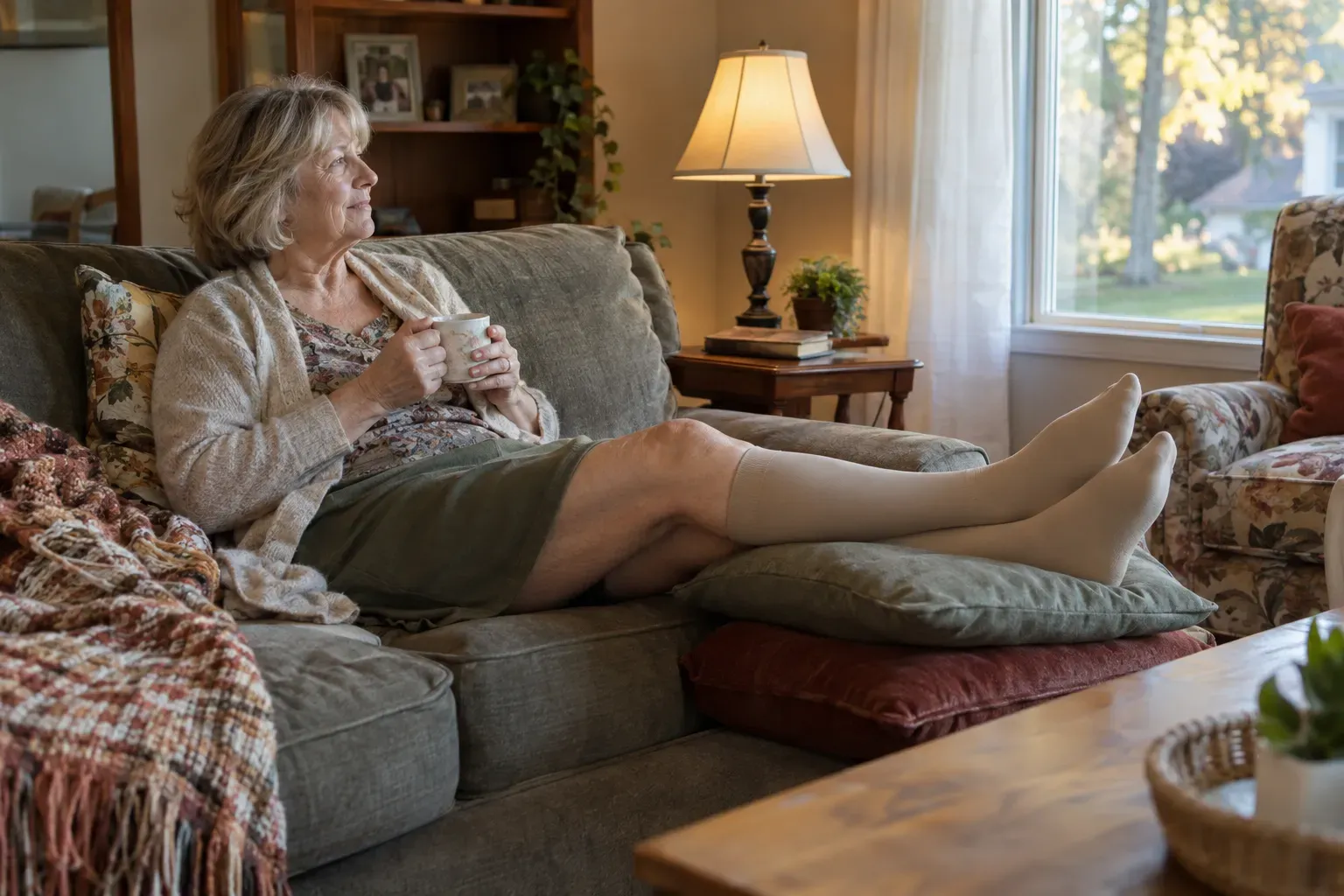 An older woman resting on a sofa with her feet raised on cushions, wearing beige knee-high compression socks