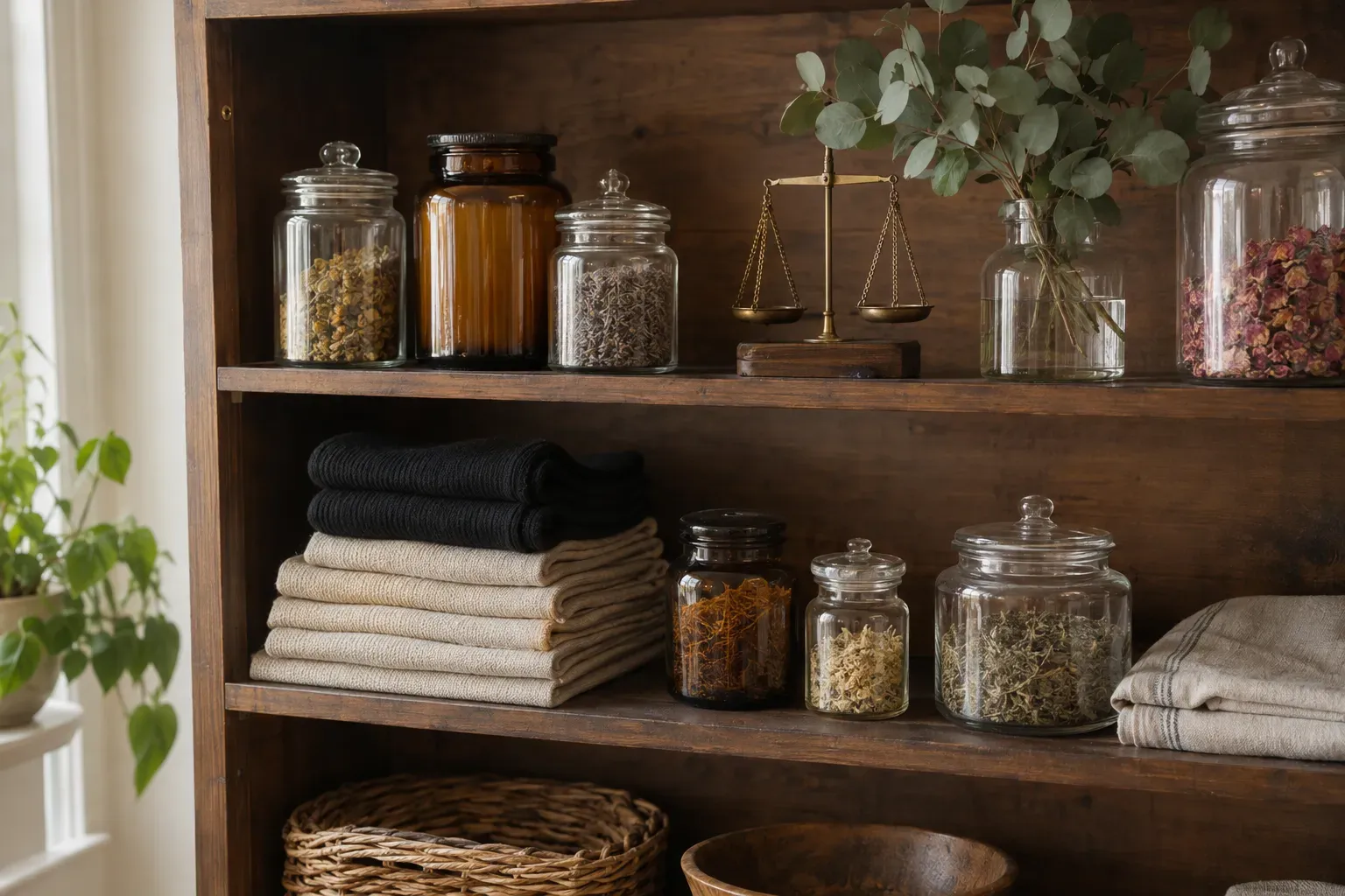 A wooden shelf styled like an old apothecary cabinet, with glass jars, folded socks and a sprig of eucalyptus