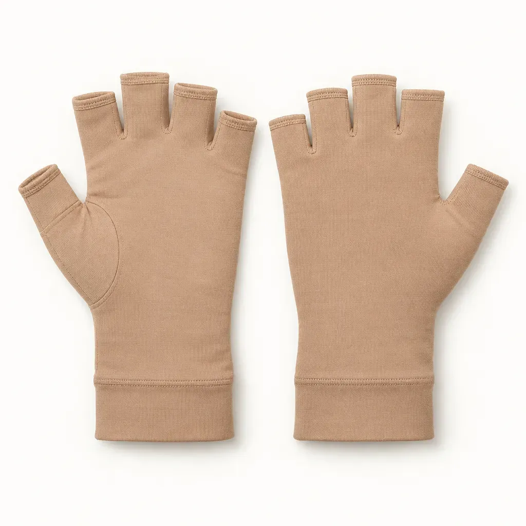 A pair of beige fingerless compression gloves
