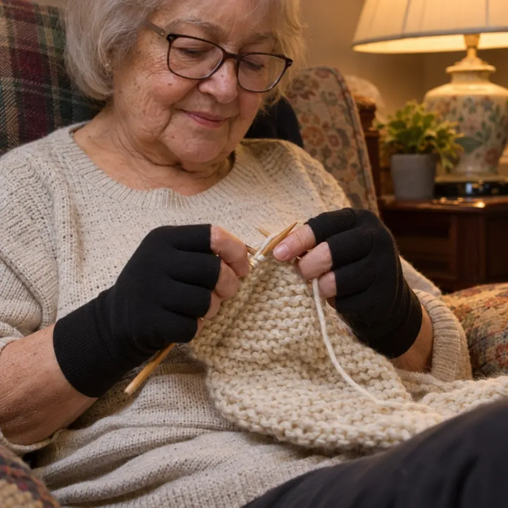 An older woman knitting while wearing black fingerless compression gloves