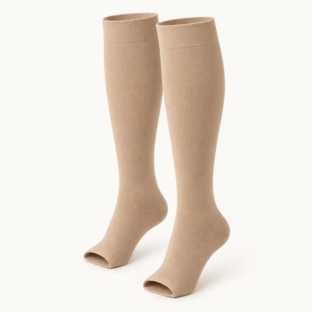 Beige cotton-blend knee-high compression socks, open toe