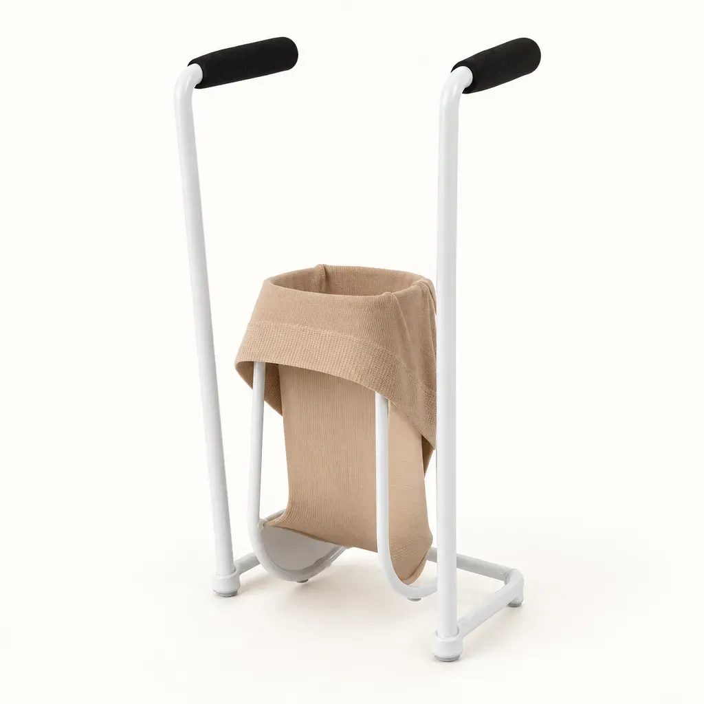 A frame stocking donner with a beige sock stretched open over it, ready to step into