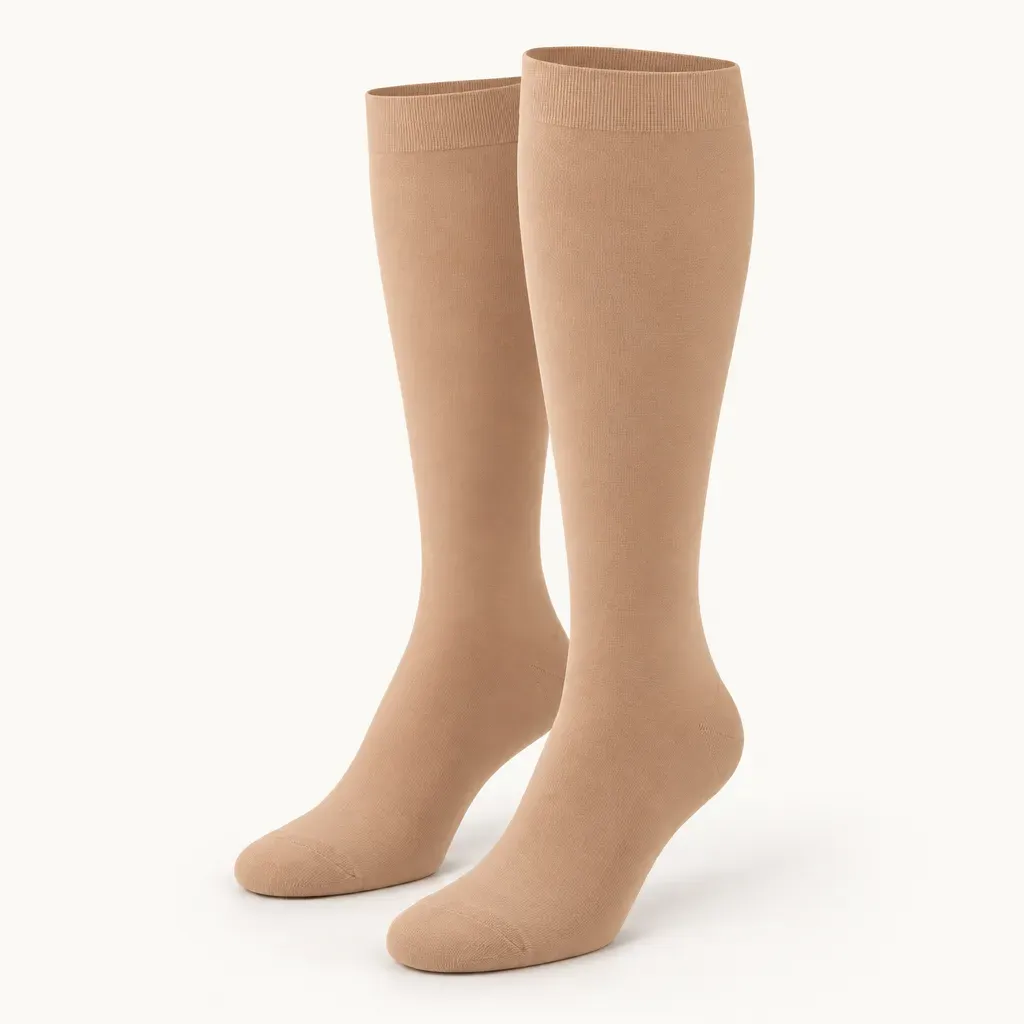 Beige firm knee-high compression socks with a rib cuff, no zipper
