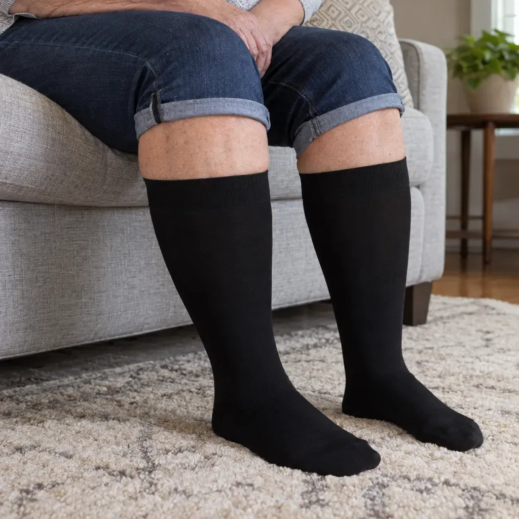 Full calves in black firm knee-high compression socks, seated on a sofa
