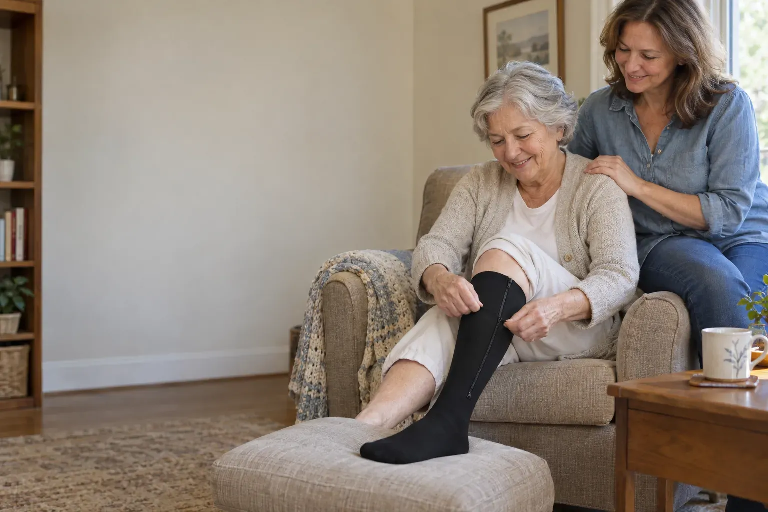 An older woman in an armchair zipping up a black compression sock while her daughter rests a hand on her shoulder