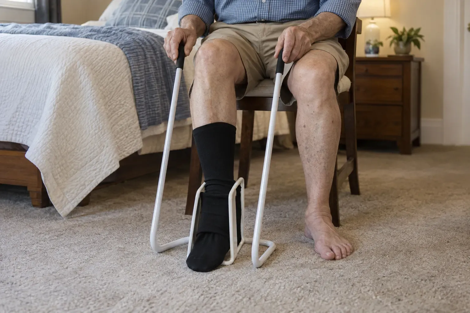 An older man stepping into a black compression sock held open on a frame donner