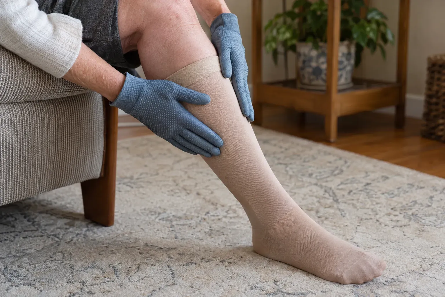 Hands in rubber donning gloves smoothing a beige compression sock up the calf
