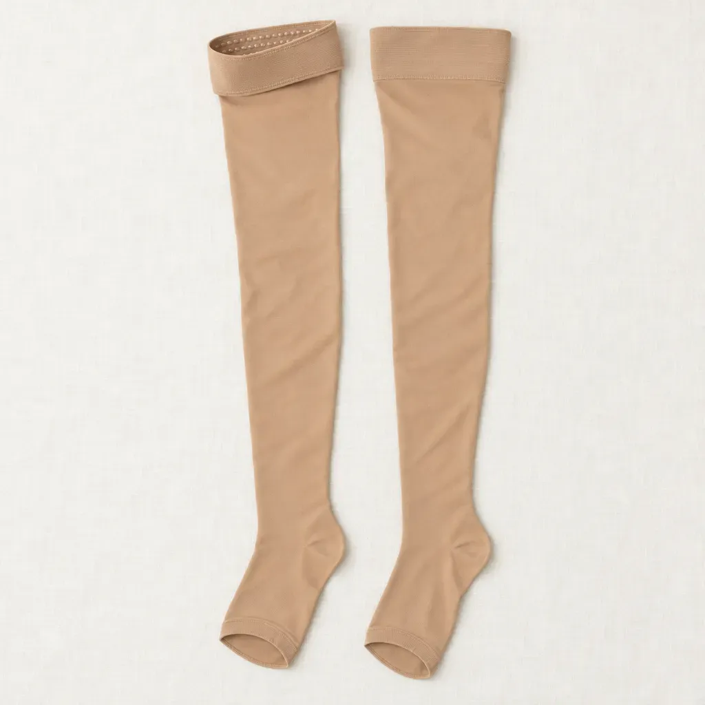 A pair of beige open-toe thigh-high compression stockings laid flat, one band folded to show the silicone dots
