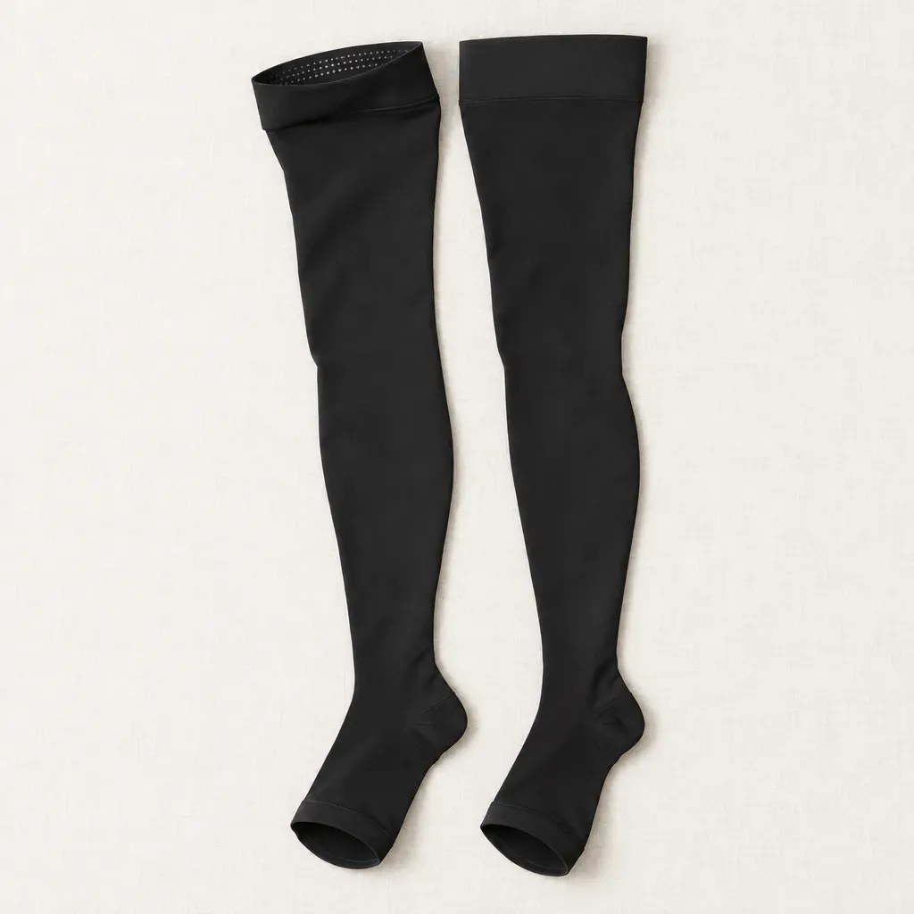 Open-Toe Thigh-High Compression Stockings with Silicone Band
