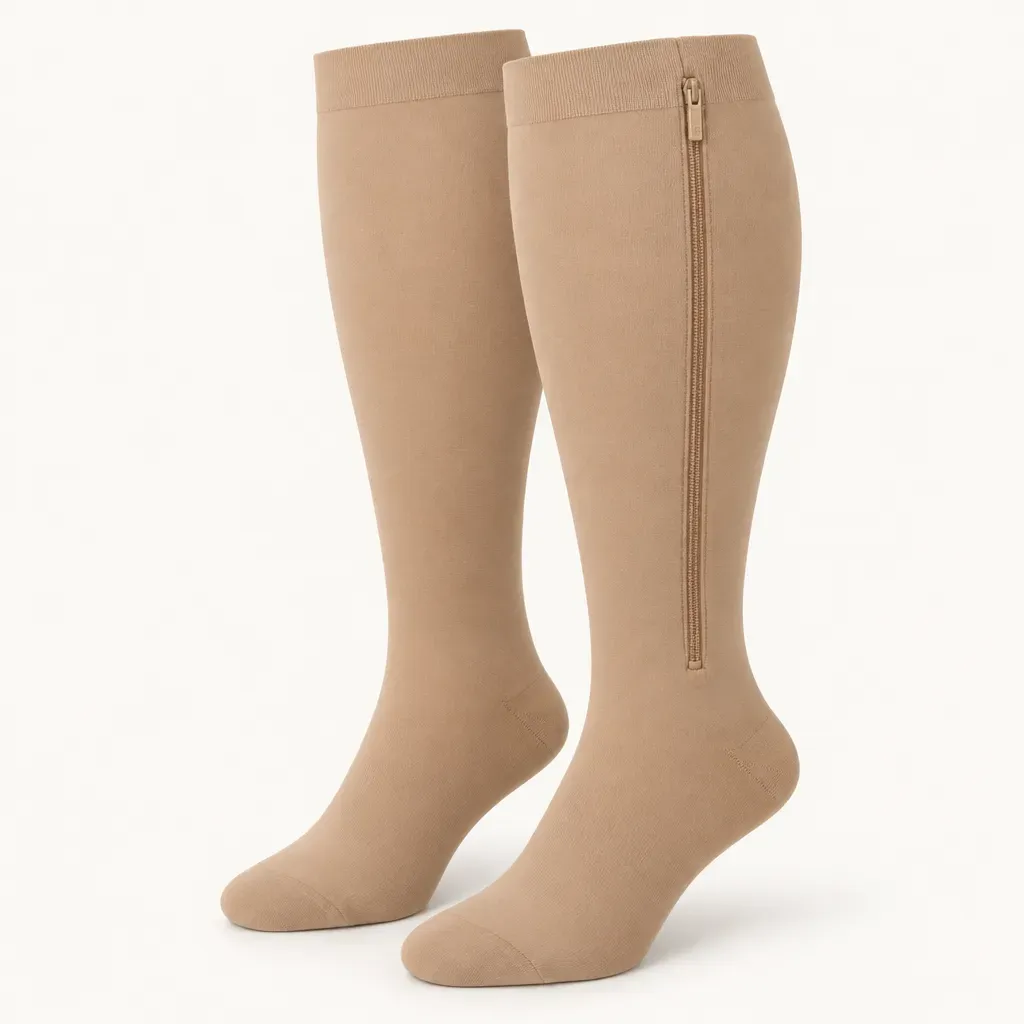 Beige wide-calf zipper compression socks with broad leg tubes