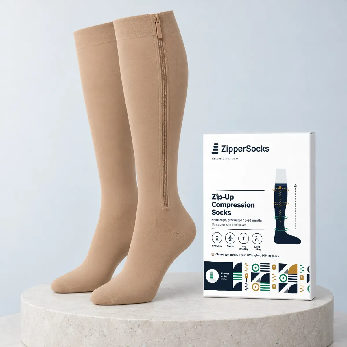 Beige ZipperSocks closed-toe zipper compression socks standing beside their retail box