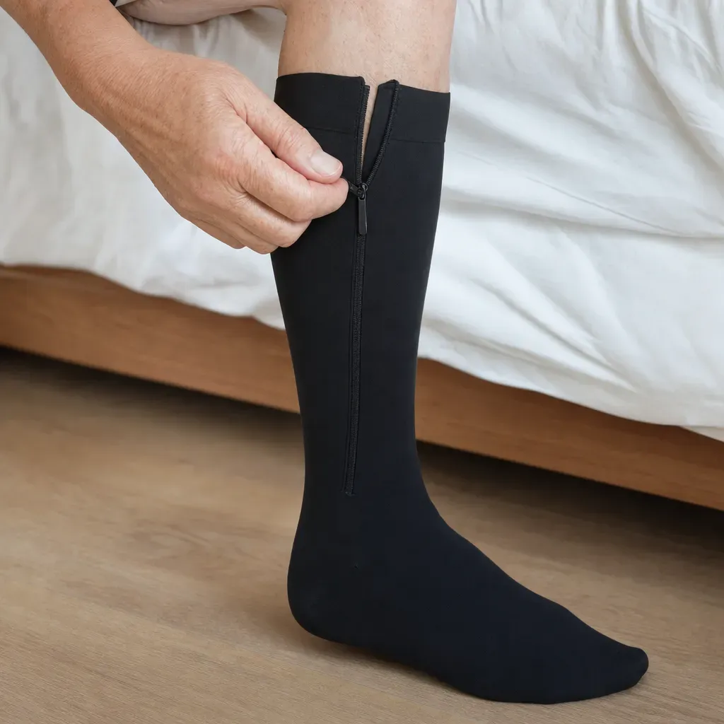 Seated on the edge of a bed, zipping a black compression sock up the calf