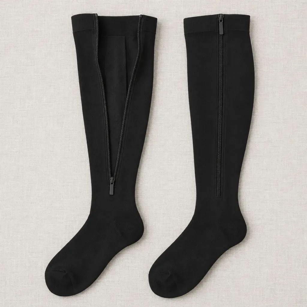 Black closed-toe zipper socks laid flat, one unzipped to show the soft guard behind the zipper