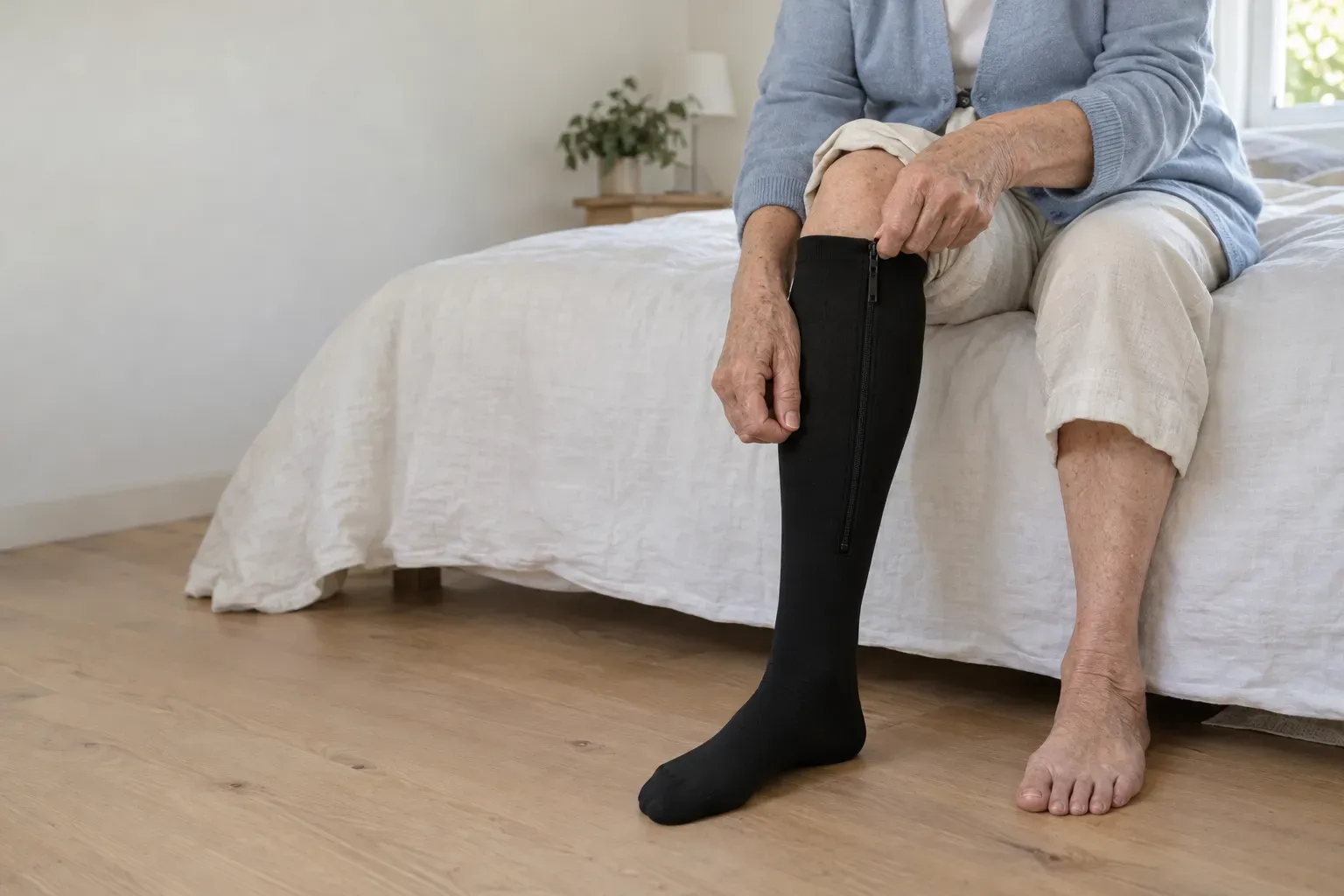 An older woman on the edge of her bed zipping up a black compression sock