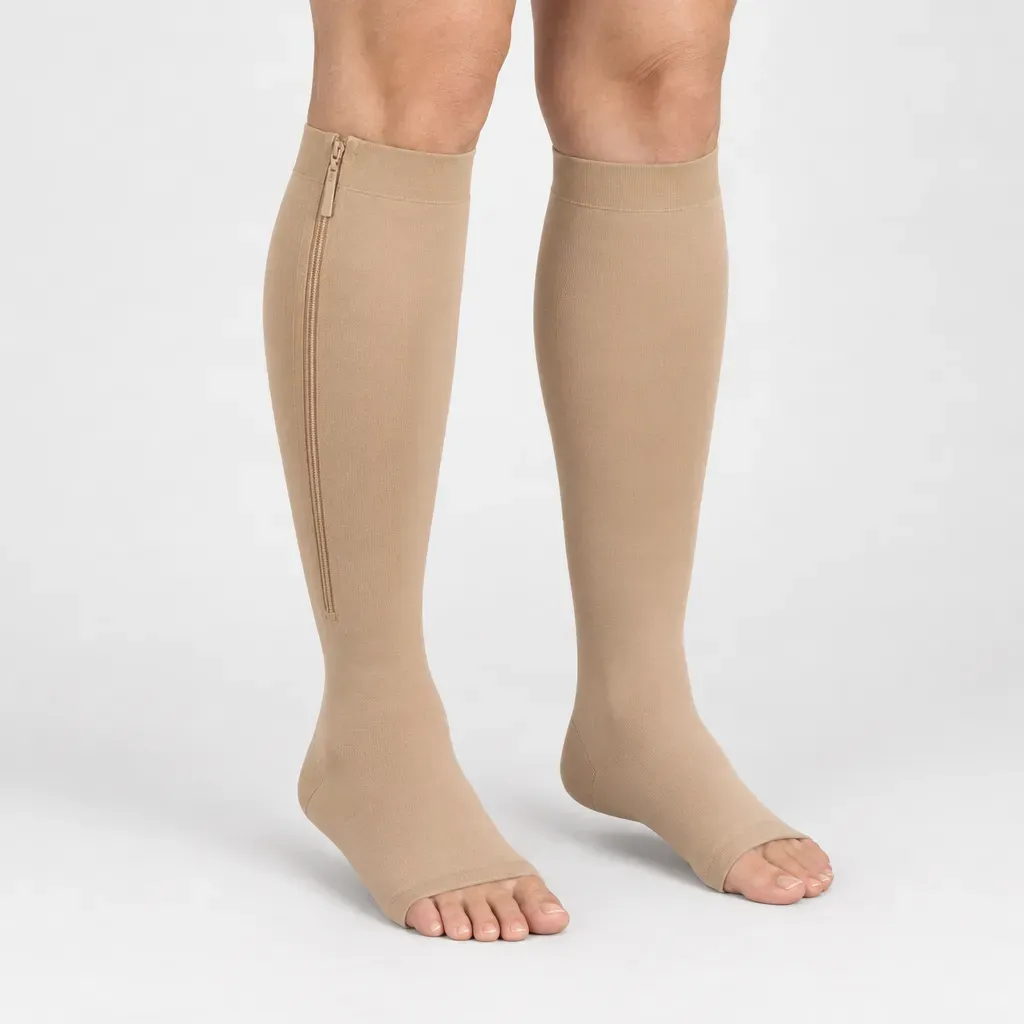 Lower legs in beige open-toe zipper compression socks, toes free