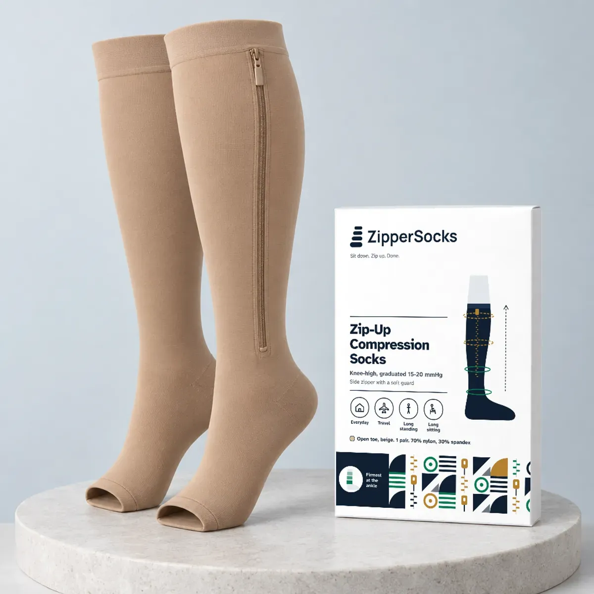 Beige ZipperSocks open-toe zipper compression socks standing beside their retail box