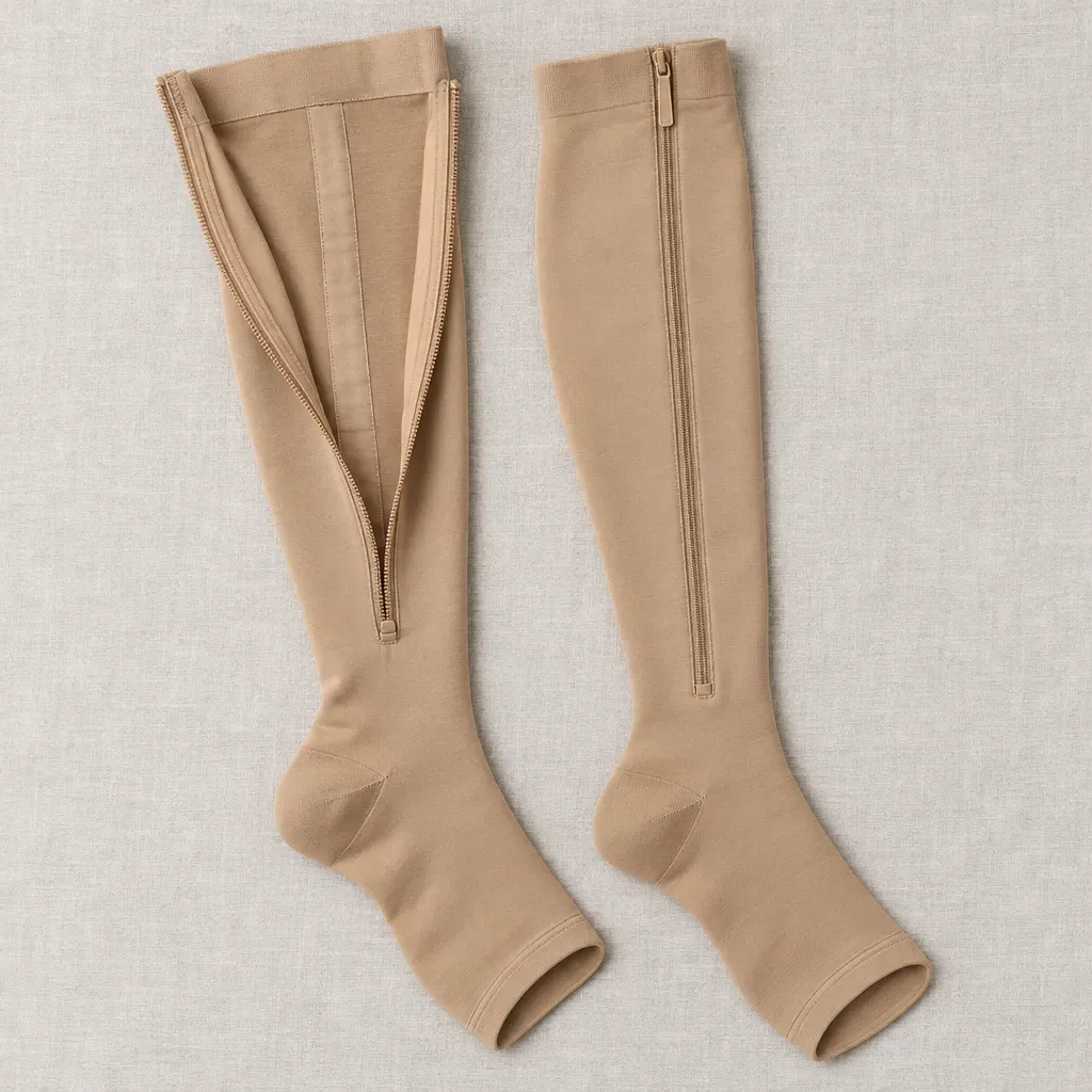 Beige open-toe zipper socks laid flat, one unzipped to show the soft guard behind the zipper